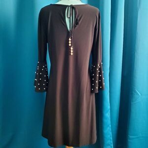 Black Slinky Stretchy Mini Dress with Pearl accented Bell sleeves - Large